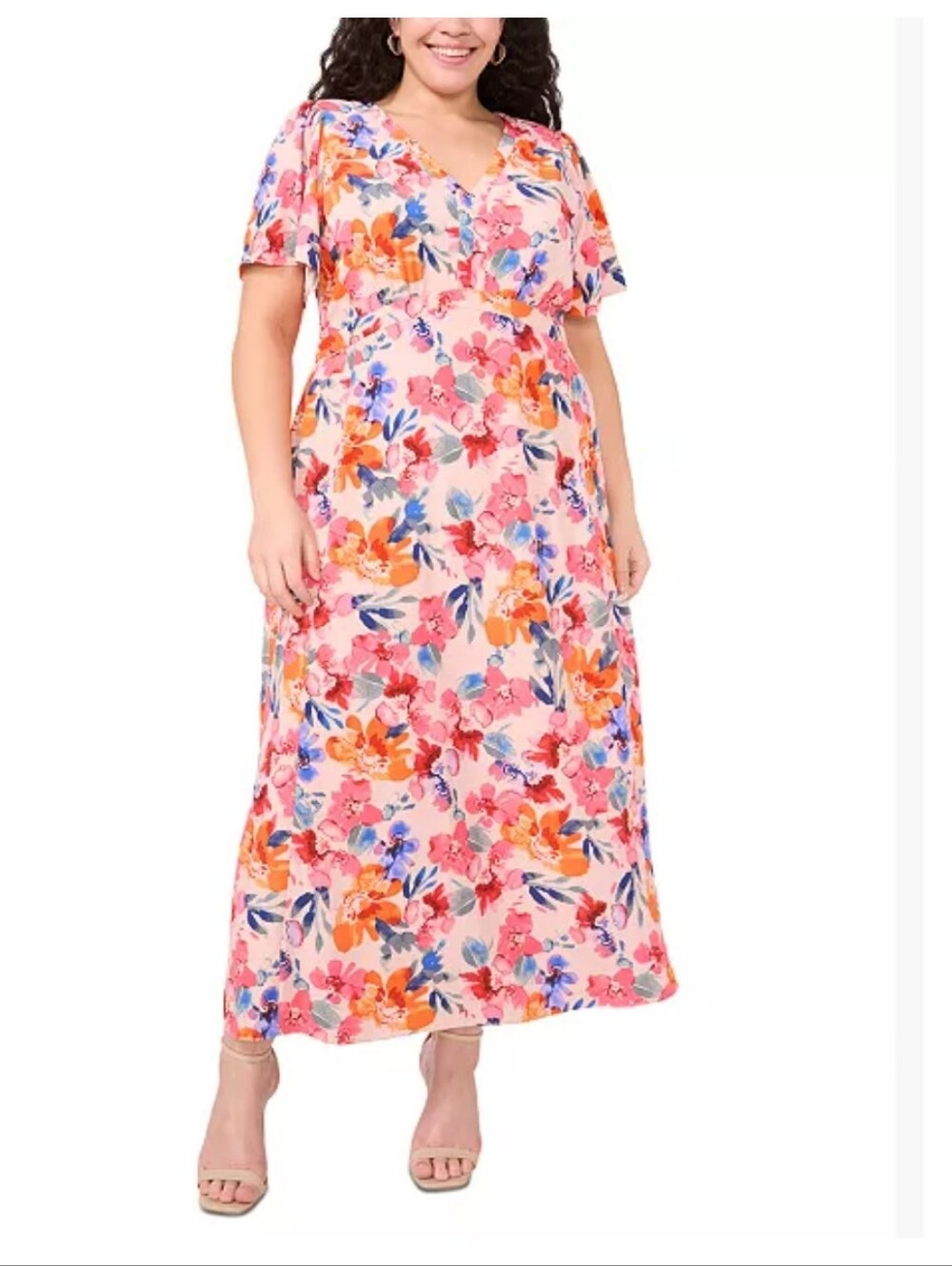 MSK Pink Floral Maxi Dress with Orange & Blue Accents